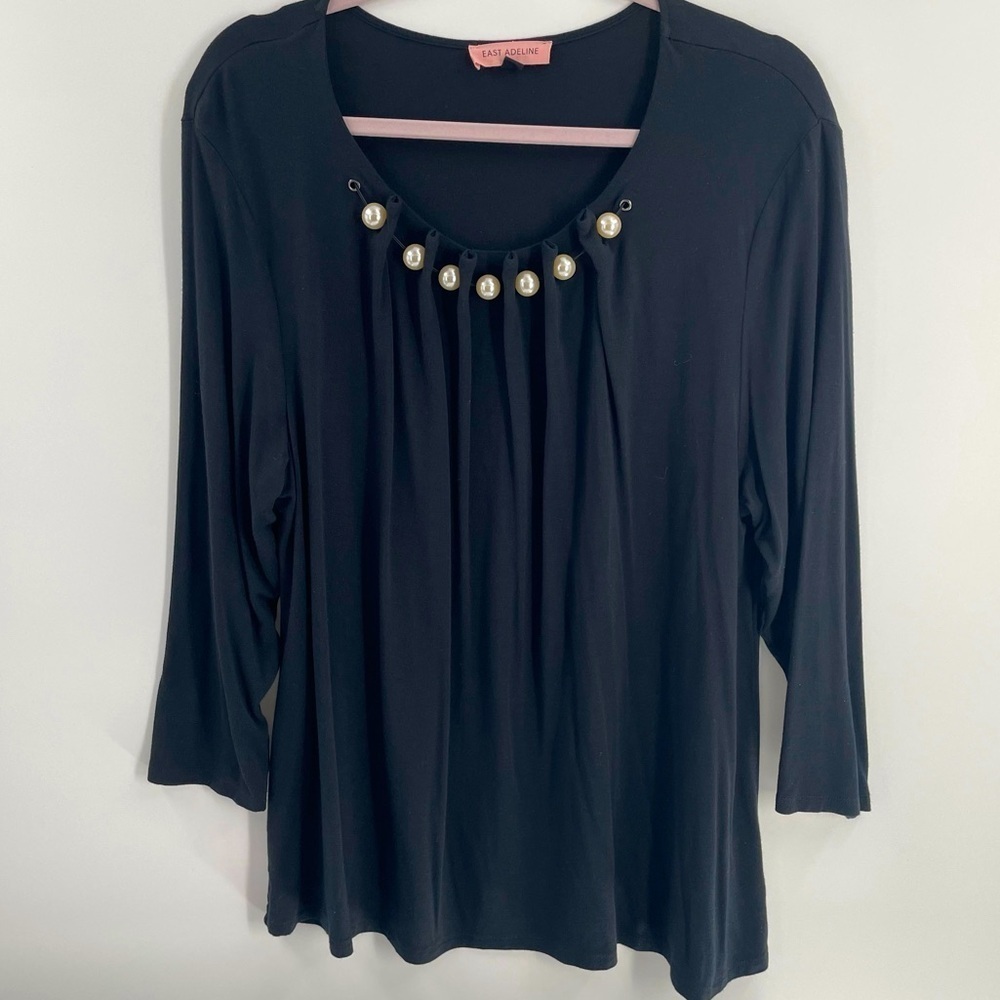 East Adeline Black Jersey Soft Knit Ivory Pearl Accented Pullover Top